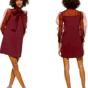 Zara Organza Sleeve Maroon Burgundy Mini Dress Sz S Bloggers favorite